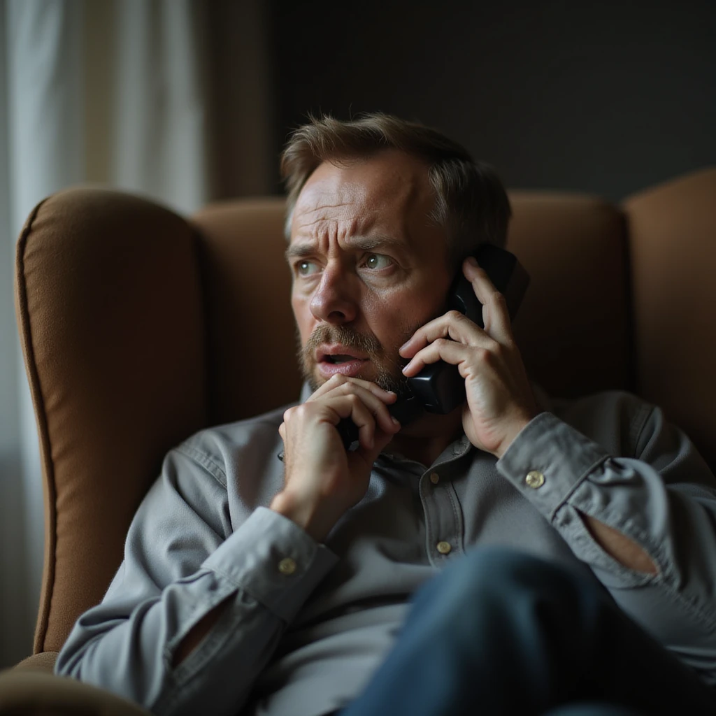 Man complaining on the phone to his mother, whiny voice, eyes looking up for sympathy, sitting in an armchair, hyperrealistic 4K details emoji