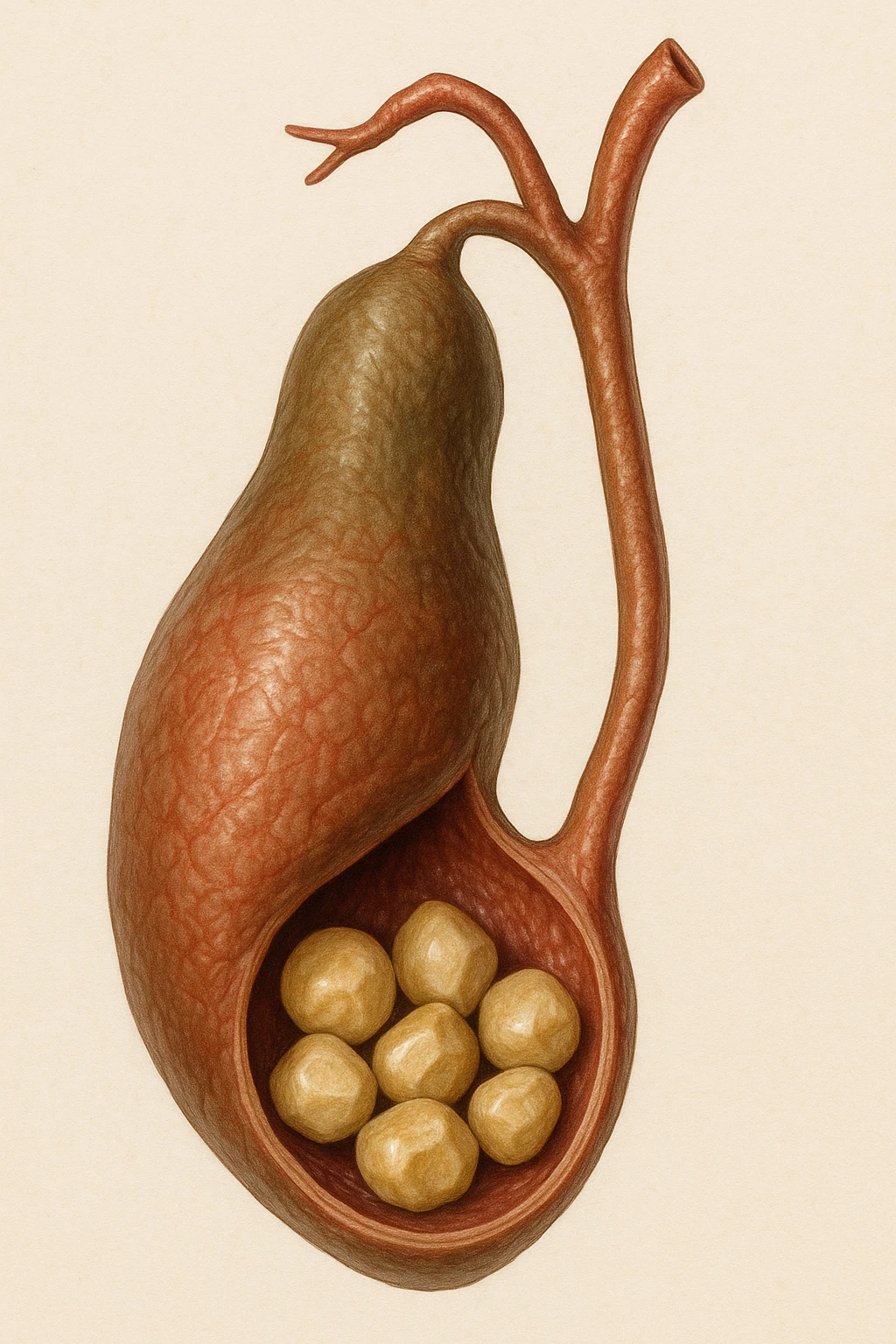calcoli alla cistifellea anatomica, sfondo neutro chiaro, iperrealistico 4k emoji