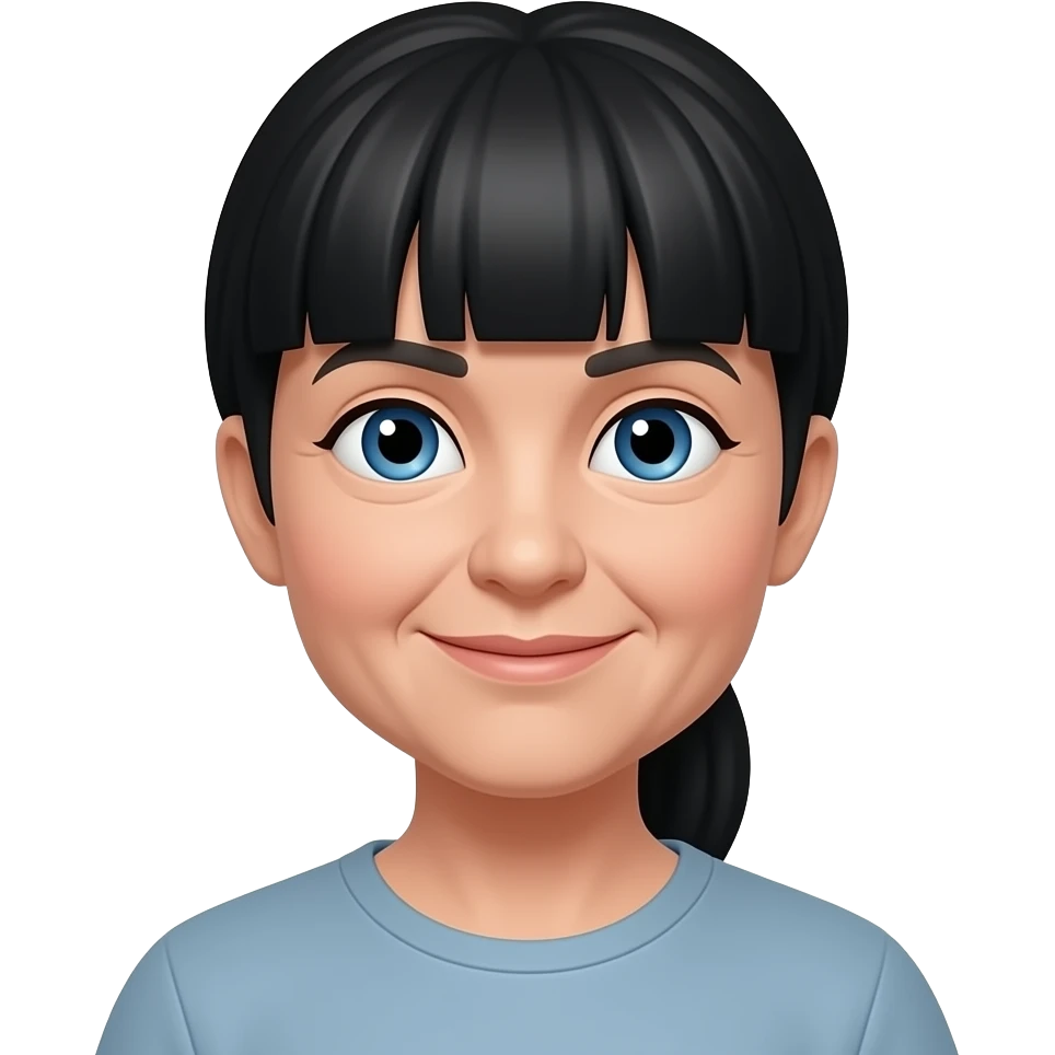 Blue eyes thick bangs ponytail black hair senior citizen emoji