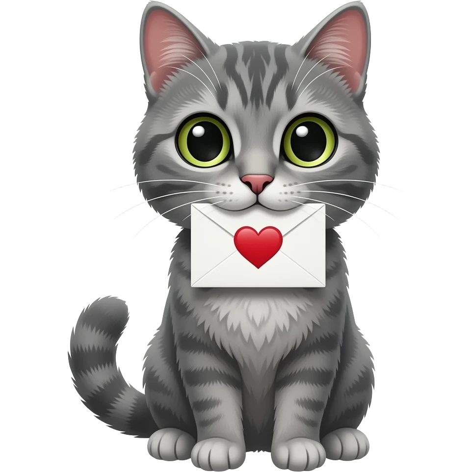 A grey cat holding a love letter in its mouth emoji