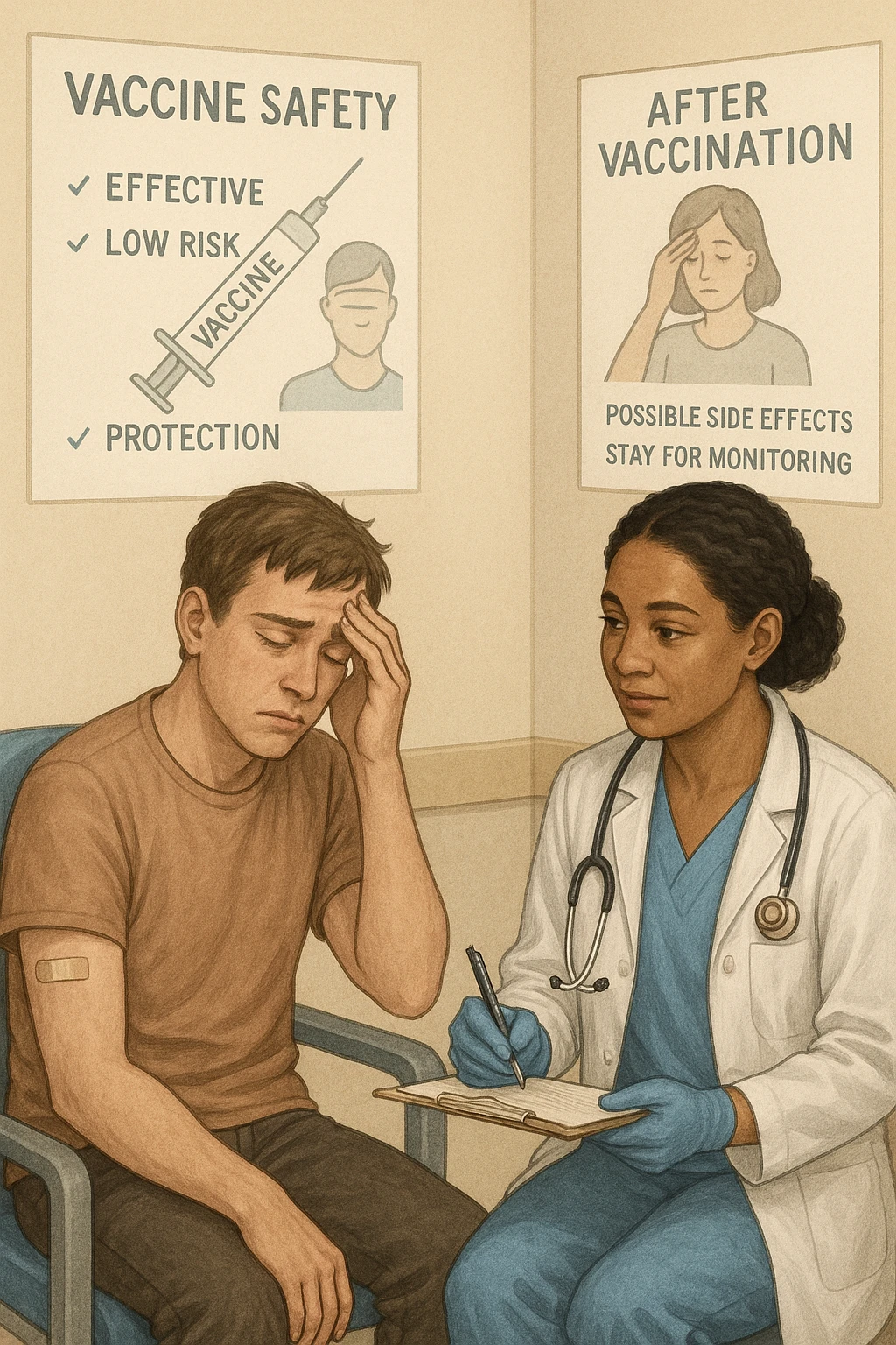 Vertical, educational medical illustration: a healthcare professional observes a patient who appears unwell after receiving a vaccine. The patient sits in a clinic chair, showing mild symptoms such as fatigue or headache, while the professional takes notes and offers reassurance. The background includes educational posters about vaccine safety and monitoring. realistica emoji