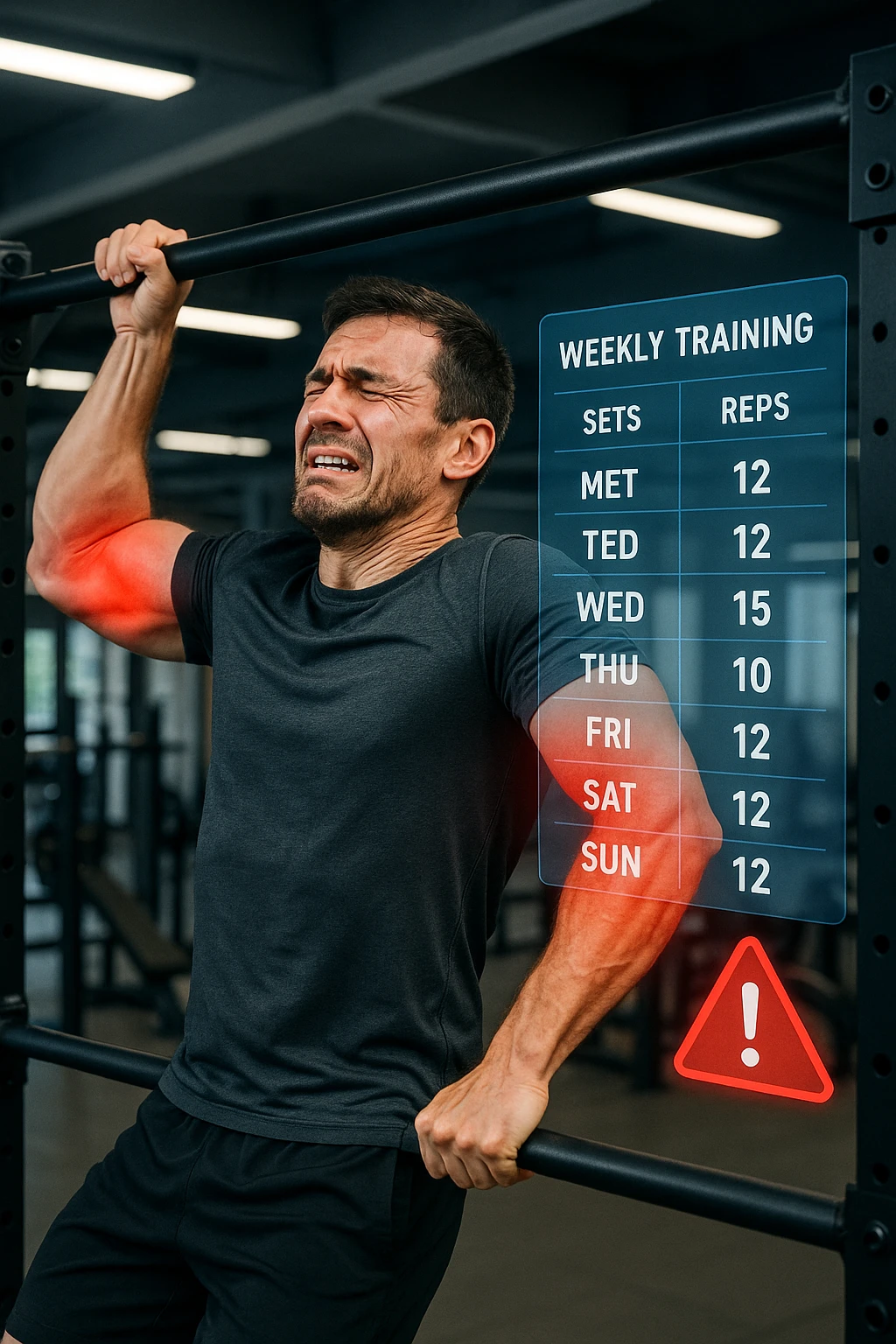 a man in gym attire performs pull-ups on a bar, with his elbows highlighted in bright red to indicate inflammation. A digital overlay shows a weekly training log with high numbers of sets and reps, and a warning icon appears next to the log. The man’s face shows pain and fatigue. The background is a modern gym, emphasizing the link between excessive training volume and injury. scritto in italiano emoji