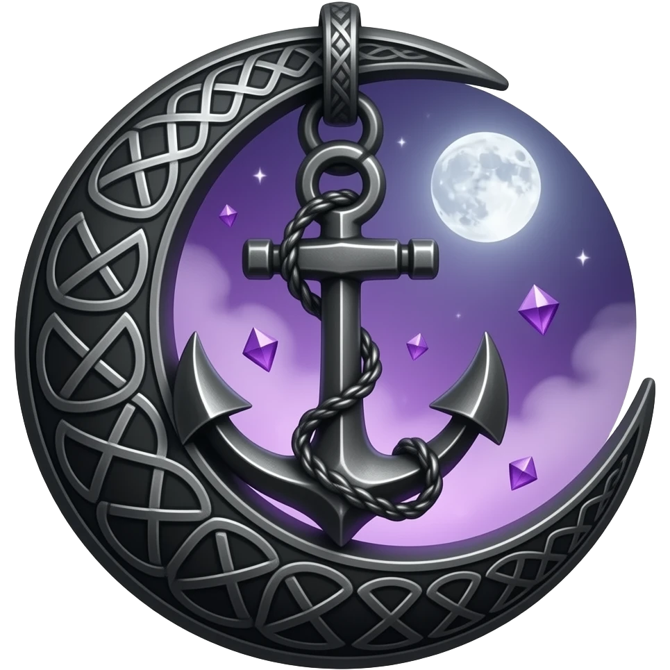 „blackened crescent‑moon and anchor pen„blackened crescent‑moon and anchor pendant fused together, intricate runic engravings, deep violet inner glow, small purple crystals emitting mist, moonlight reflecting on metal, ethereal atmosphere, high detail, no characters“ emoji