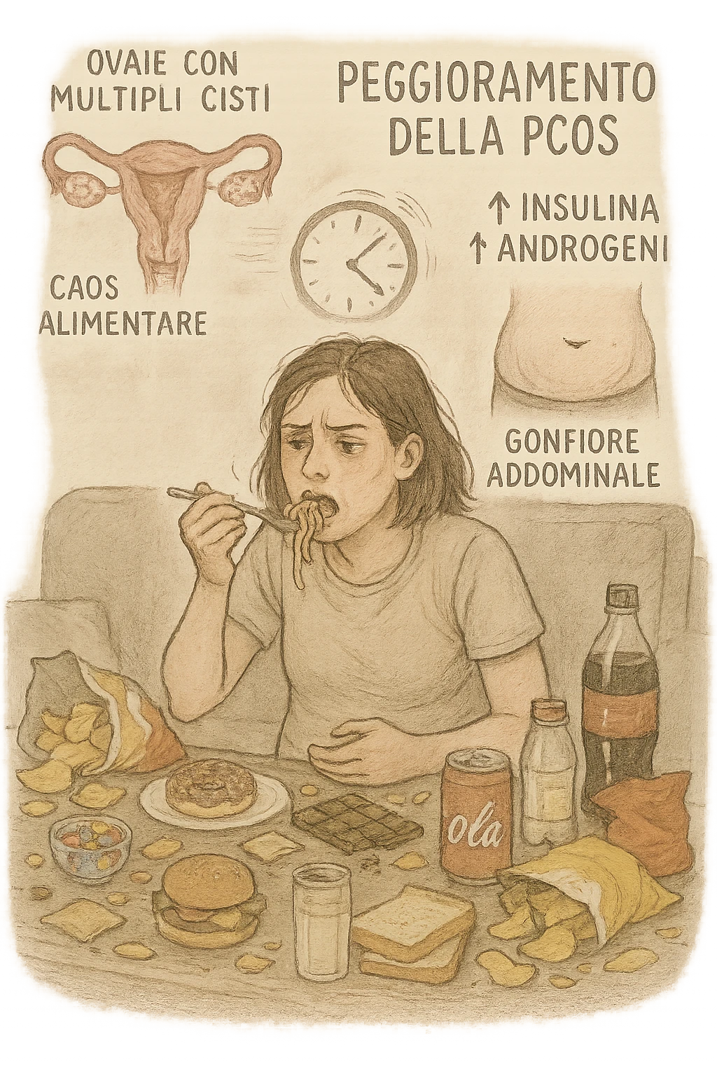 Donna tra i 25 e i 35 anni seduta sul divano o a un tavolo disordinato, circondata da cibi sparsi e poco sani: patatine, dolci, pane bianco, snack confezionati, bibite. Mangiando di fretta, ha un’espressione stanca e frustrata. Intorno a lei, in trasparenza o come illustrazione simbolica, si vedono gli effetti della PCOS peggiorata: ovaie con cisti multiple, squilibrio ormonale (↑ insulina, ↑ androgeni), gonfiore addominale. Sullo sfondo, orologio che corre o caos visivo che comunica disorganizzazione alimentare. Colori spenti e atmosfera stanca. Stile realistico con elementi simbolici e informativi. in italiano emoji