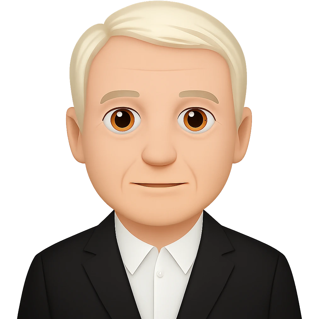 Create an emoji style image of Draco Malfoy at 50 years old, wearing a black suit. Keep the background transparent. The style should resemble classic emoji aesthetics with clear, simple features and vibrant colors. emoji