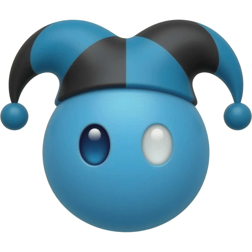 make a blue cute circle with a face with one eye dark blue and one white with a black and blue jester hat on top of it emoji