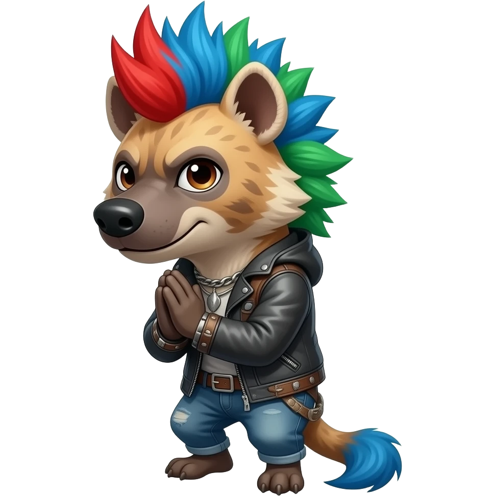 hyène punk cheveux rouge bleu vert qui prie emoji