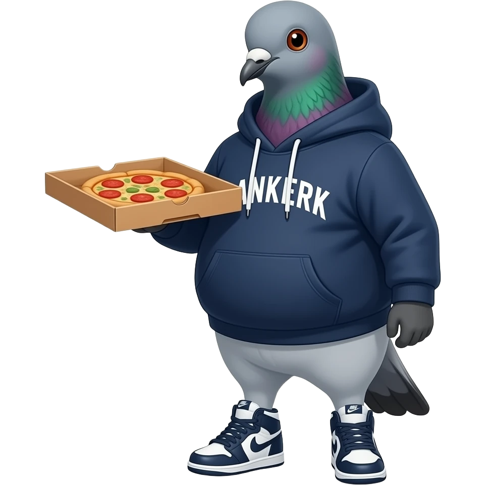 a staten island pigeon with a paunchy belly wearing a yankees hoodie and no pants and nike dunks and carrying a pizza box emoji