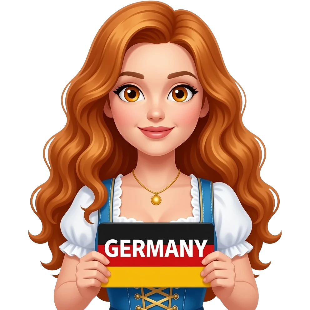sexy girl with long curvy ginger hair and ginger eyes wearing a dirndl is holding a GERMANY sign, emoji
