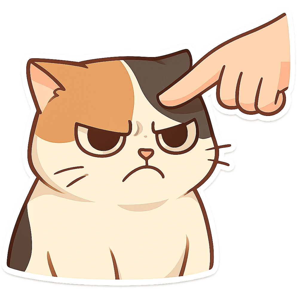 A finger points at the cat's head, and the cat's expression is angry and dissatisfied emoji