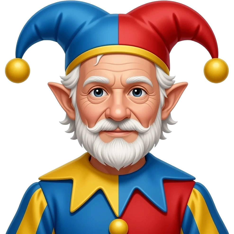 white male, elf ears, big nose, elderly, messy white hair, black eyes, court jester, blue red and yellow emoji