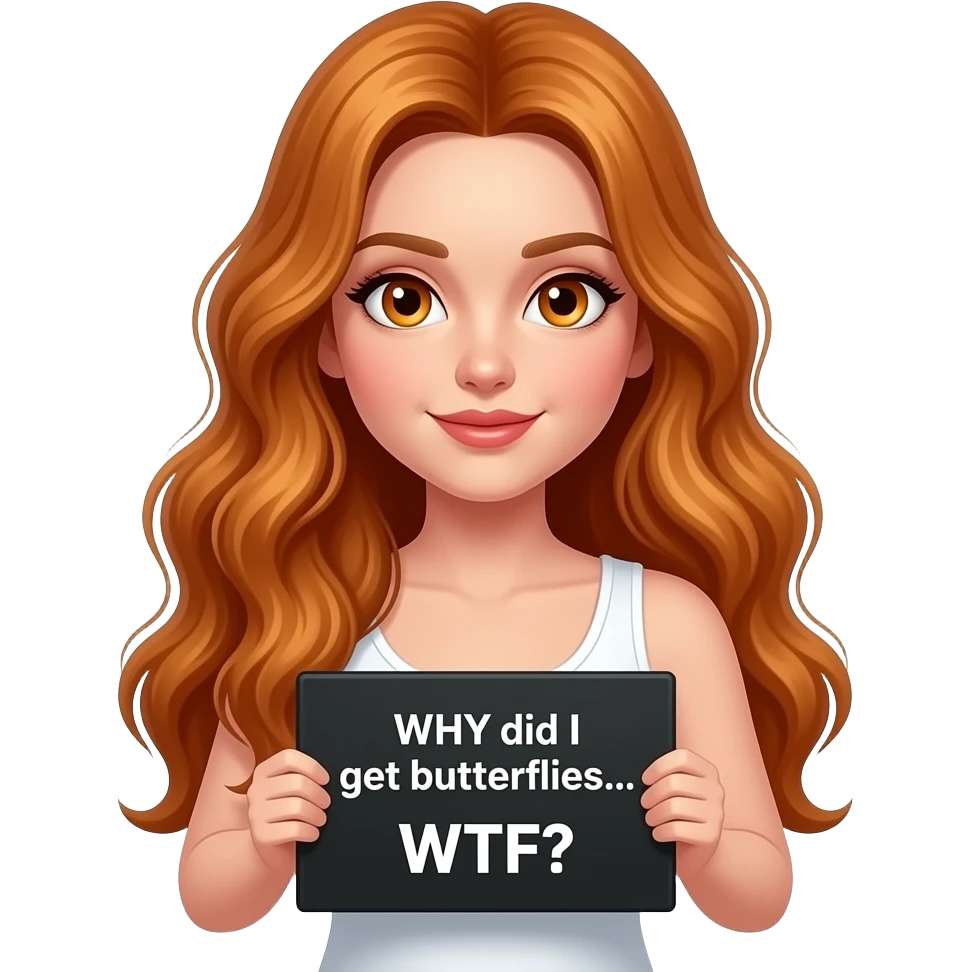 sexy girl with long wavy ginger hair and ginger eyes wearing a white tanktop is holding a black colored sign with WHY did I get butterflies... WTF written on it emoji