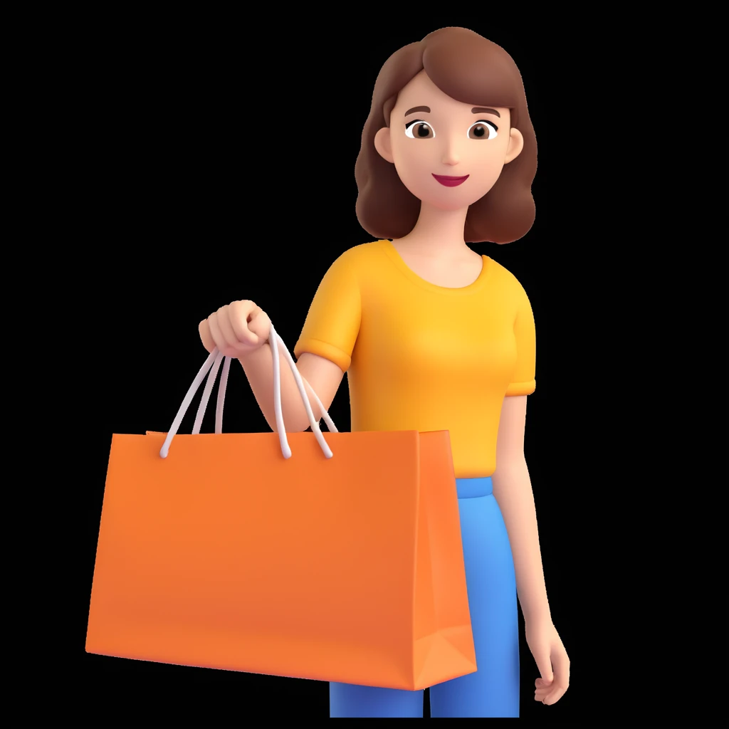 A young woman with a shopping bag, in a city street, vibrant colors, detailed background, shopping festival, niche brands, aesthetic lifestyle emoji