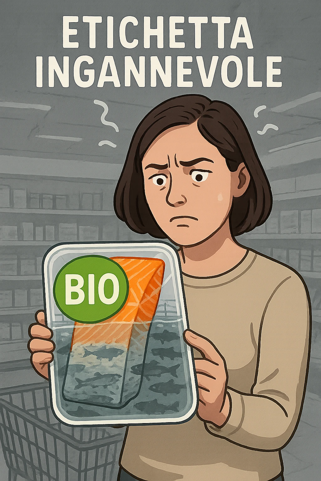 Scena in un supermercato moderno: uomo o donna tiene in mano una confezione di salmone etichettata 'BIO', con un grande bollino verde. Ma in trasparenza, dietro l’etichetta, si intravede un allevamento intensivo di salmoni in gabbie marine, acqua torbida e pesci ammassati. Espressione del cliente confusa e sospettosa. Sopra la testa, testo simbolico fluttuante: 'Etichetta ingannevole'. Colori contrastanti: confezione brillante ma realtà di fondo grigia e artificiale. Stile realistico con elementi simbolici forti emoji