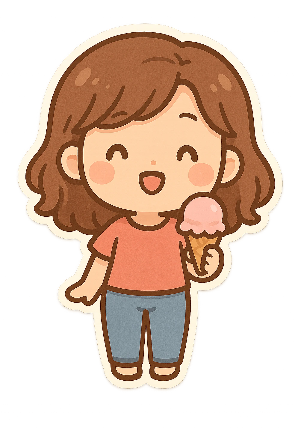 a woman with an ice cream cone, cute and cartoonish, chibi stickers style illustration emoji