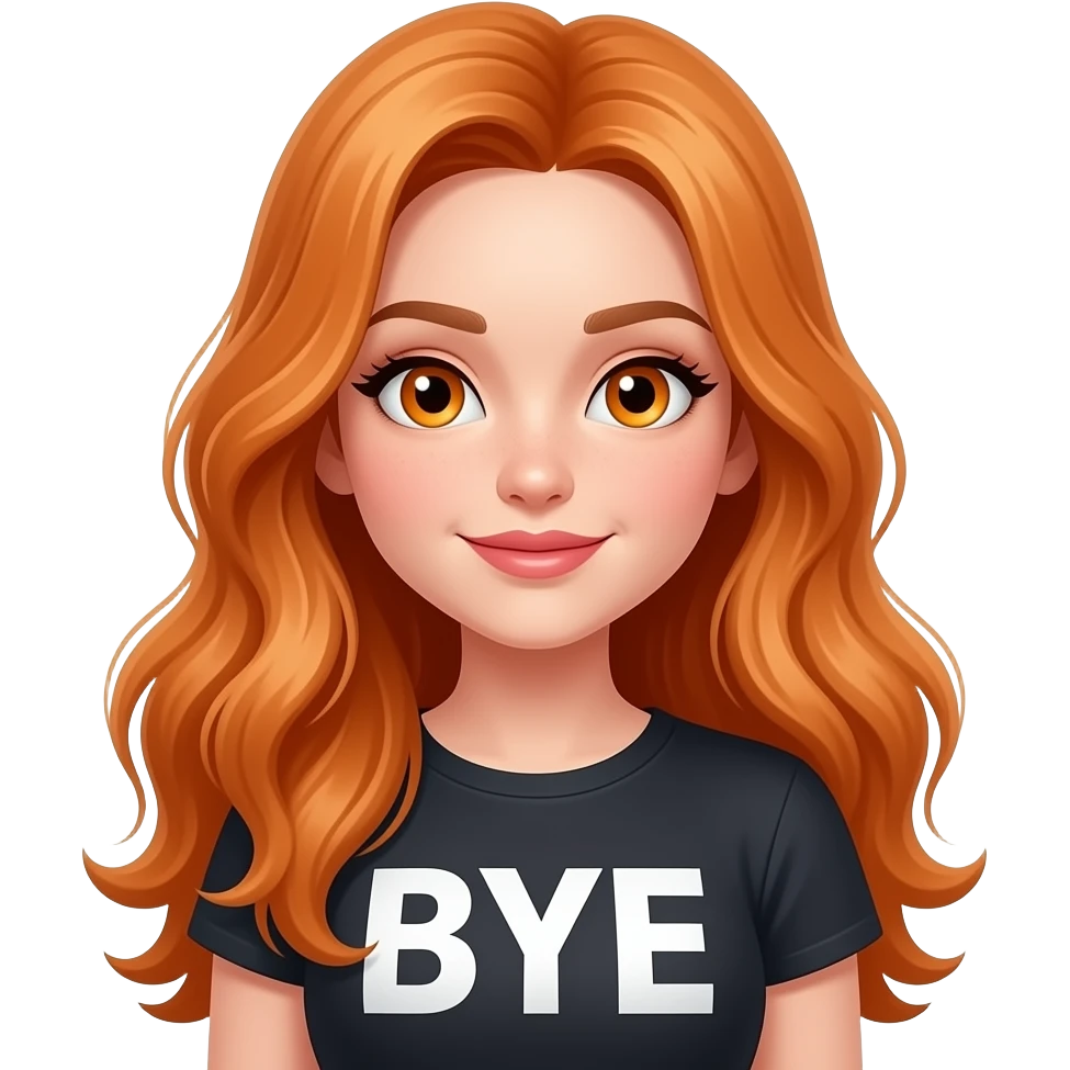 sexy girl with overlong ginger hair and ginger eyes a top with BYE written on it emoji