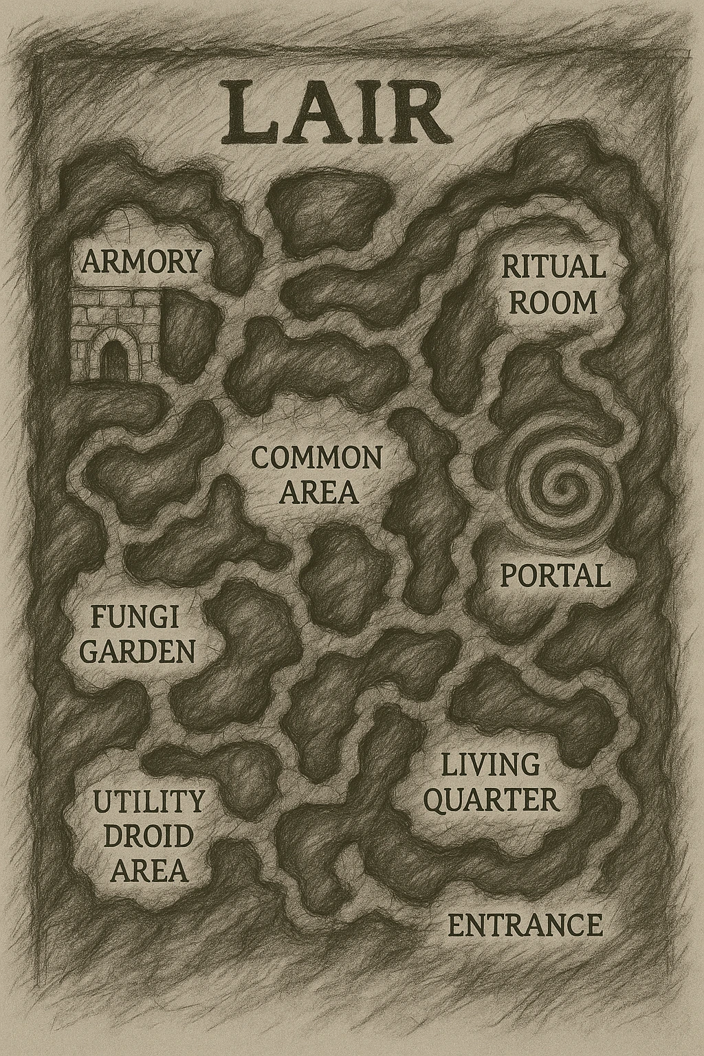 a hand drawn map of how to navigate the Oblieth cave system to find the PCU Lair emoji