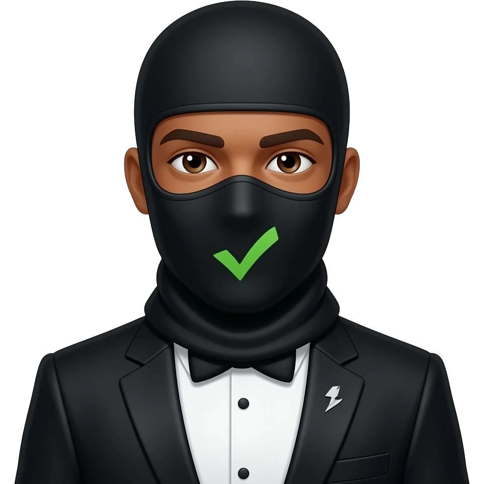 Can you please use this emoji 🤵🏻 and make it wear a black jacket with a tick on it and wear a balaclava emoji