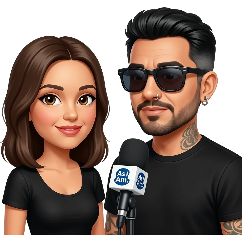 A podcast host, a handsome Latino man with medium hair, a graying beard, tattoos, hoops in his nose and ear, all in black with sunglasses, interviews a woman in front of a microphone with a logo reading "As I Am." emoji