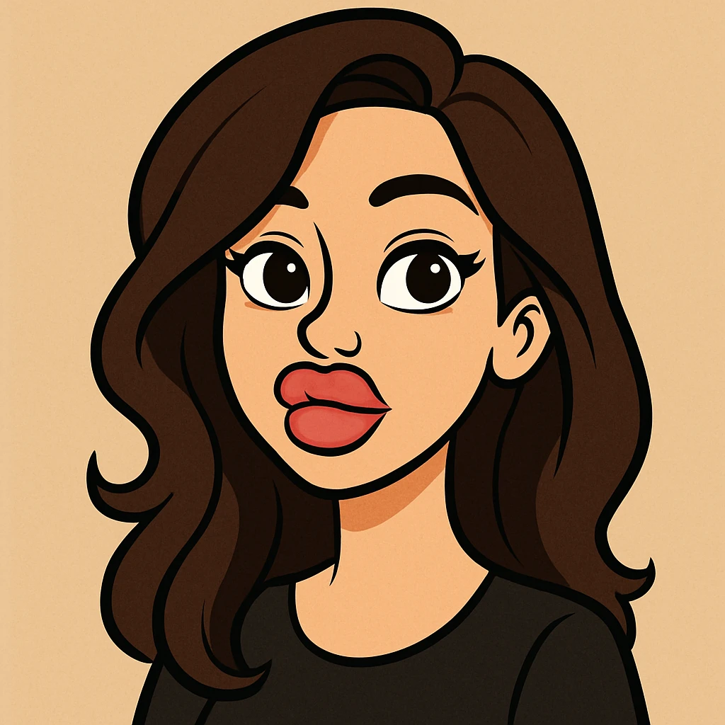 cartoon style portrait of a brunette woman with puffy lips, plain background emoji