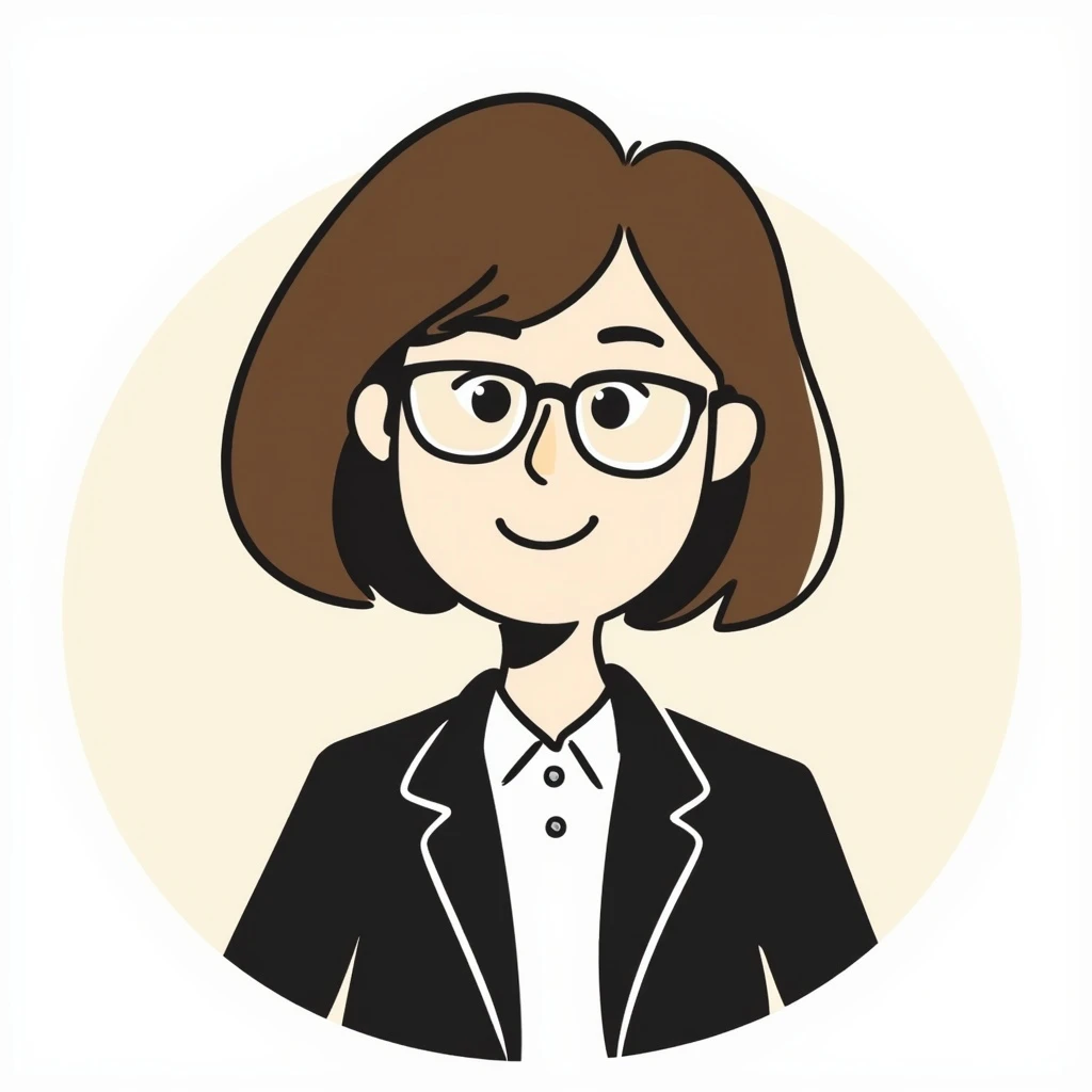 hand-drawn emoji-style avatar of a professional woman with glasses, short brown hair, and a blazer, smiling, clean minimal friendly look, soft color palette, plain or lightly colored background, modern vector startup website style emoji