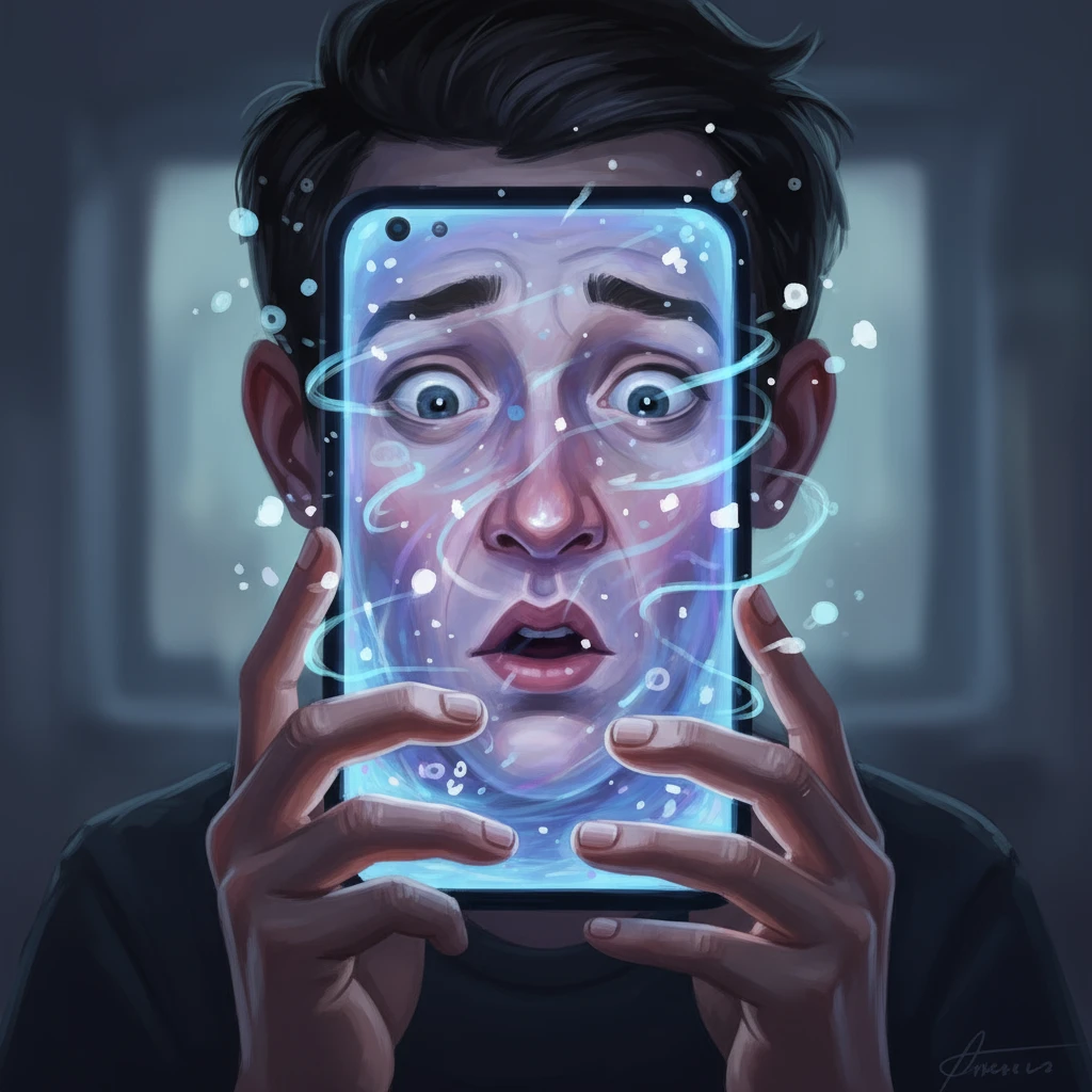 Лицо человека, который держит близко перед лицом смартфон и экран будто бы засасывает его мысли и лицо, слегка рисованный но при этом реалистичный и объемный стиль emoji