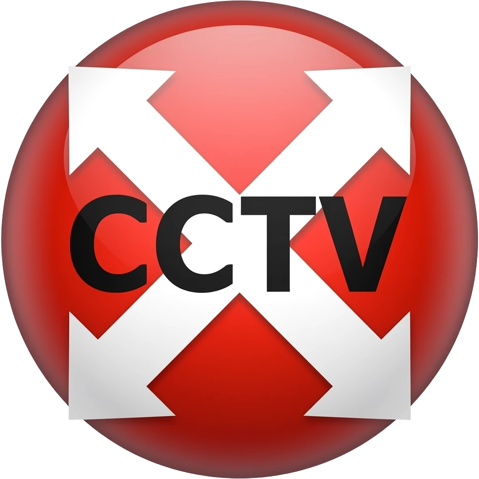 Red filled circle with white X and arrow on all end points on the X white circle in the middle. Biggest CCTV word in the centre in black emoji