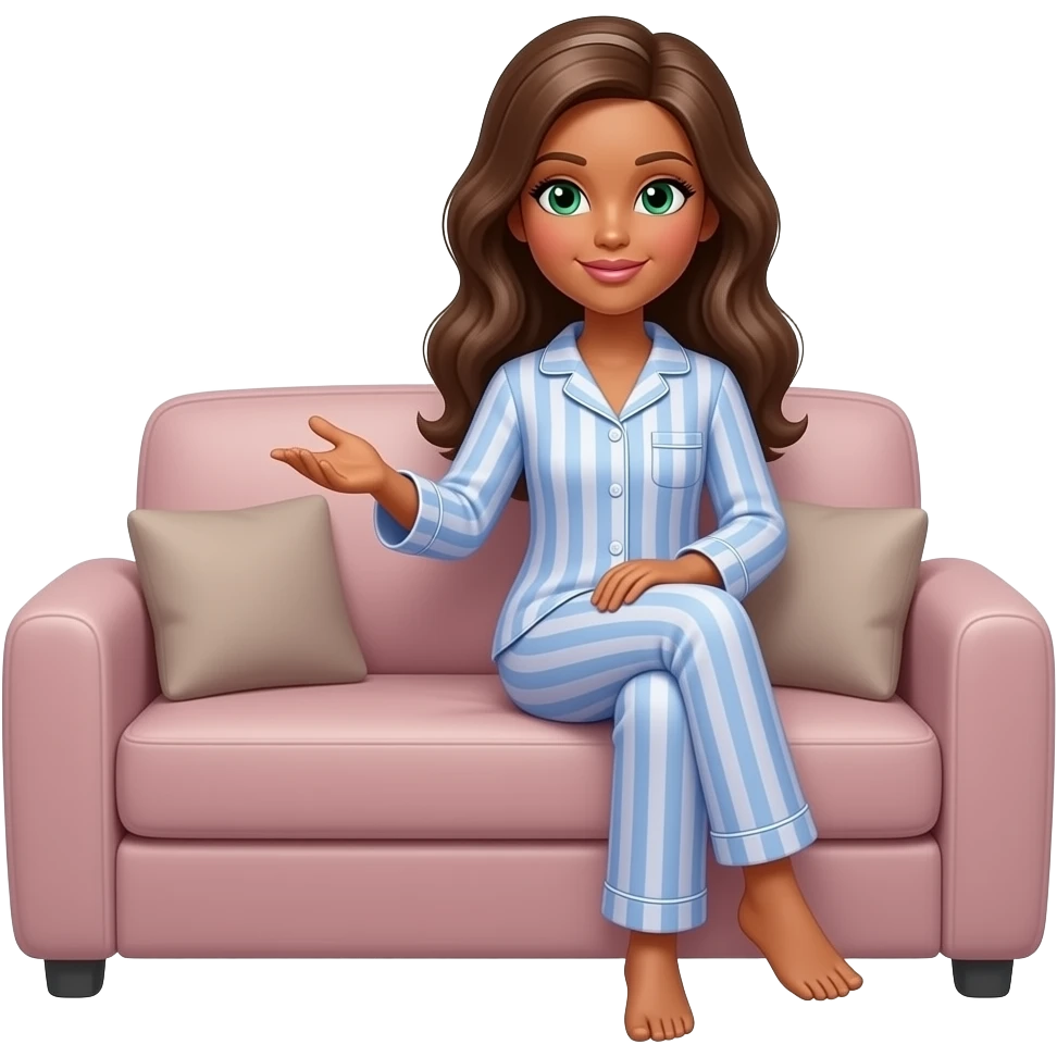 Brown skin brown hair green eyes Barbie in pyjamas on couch watching tv emoji
