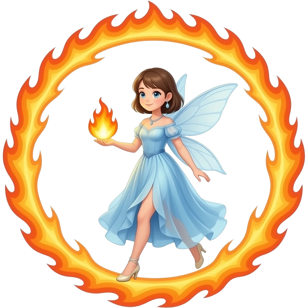 An elegant fairy in a long ethereal blue dress carries a small flaming globe in her hand and passes through a huge flaming ring. emoji