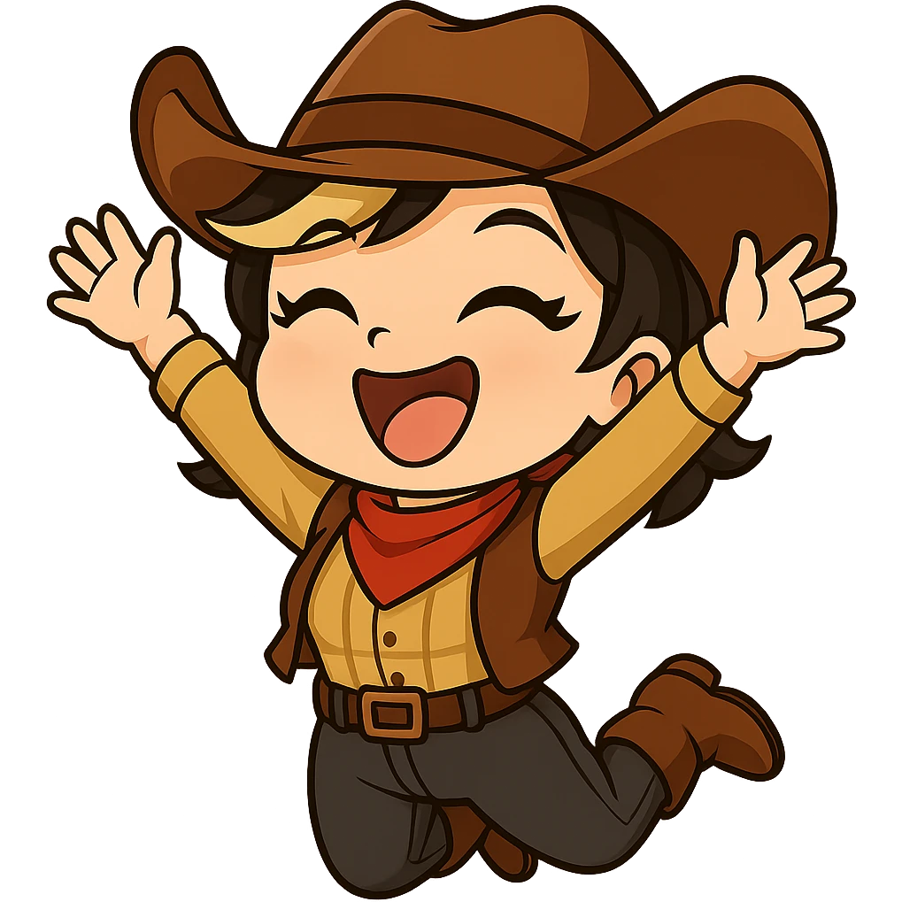 Sexy chibi cowgirl with short hair and a blonde streak, wearing a cowboy hat and western outfit, no guns. Chibi/anime style, transparent background, sized for Twitch or Discord use. Pose: jumping in the air, arms up, big excited grin. emoji