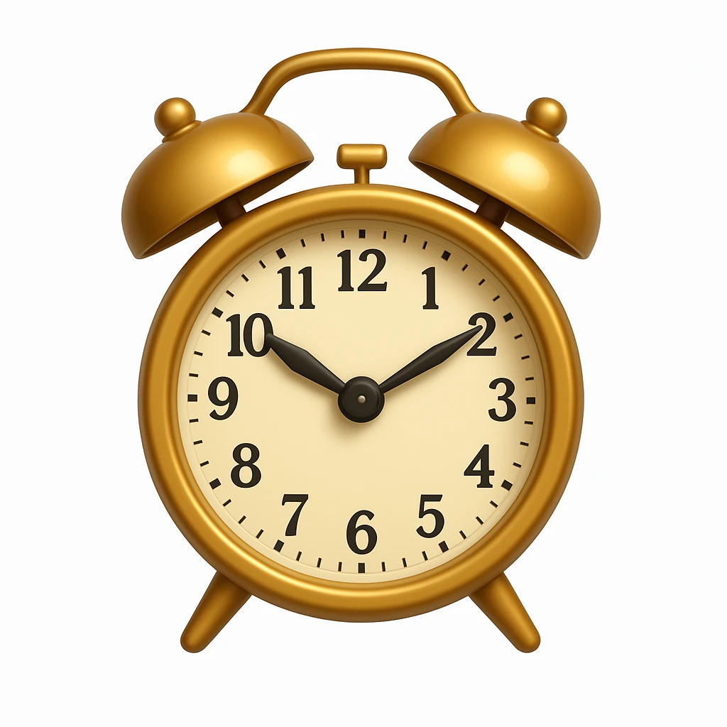 Create an alarm clock emoji that looks exactly like the reference image in iOS emoji style. The emoji should be 3D with shiny, smooth gradients, soft shadows, and a realistic classic alarm clock shape with the classic emoji look. Add a glossy effect to the clock body. emoji
