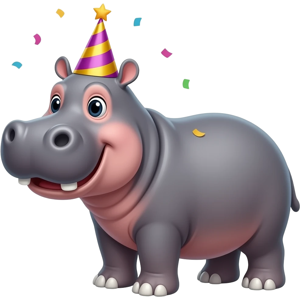 Hippo birthday! Party hat and confetti and happy on its birthday emoji