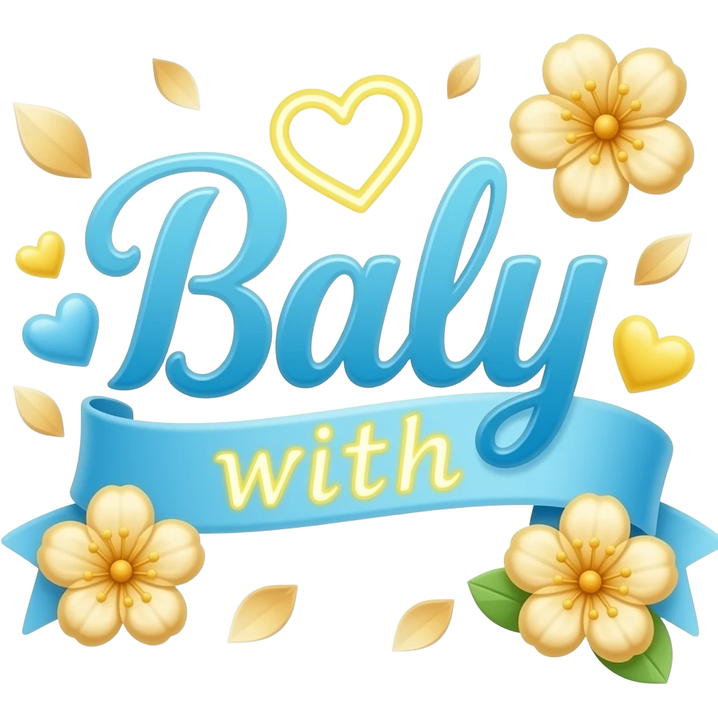 A sleek, sky blue text 'Baly' decorative symbols, adorned with satin ribbons and glowing neon-colorful hearts. Surrounded by floating gold blossom petals and golden bokeh. Vibrant, modern, and feminine with a cinematic glow emoji