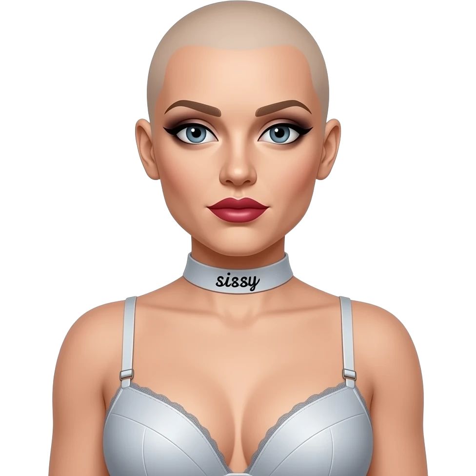 bald lipstick smokey eyes collar that says sissy  40yrs old bra with flat chest crossdress feminized emoji