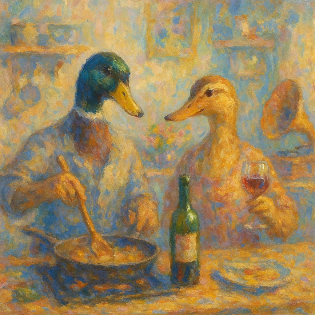 Monet-inspired impressionist scene, 4:3 aspect ratio, male and female duck cooking together, drinking wine, listening to music, impressionist brushwork, soft pastel colors, lively kitchen atmosphere emoji