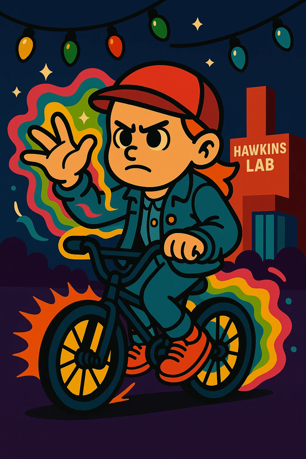 Stranger Things character in vibrant toon style, full color. Character with bicycle, Eleven's powers, Christmas lights, Hawkins Lab in the background, dynamic pose, colorful and lively, variation 1. emoji