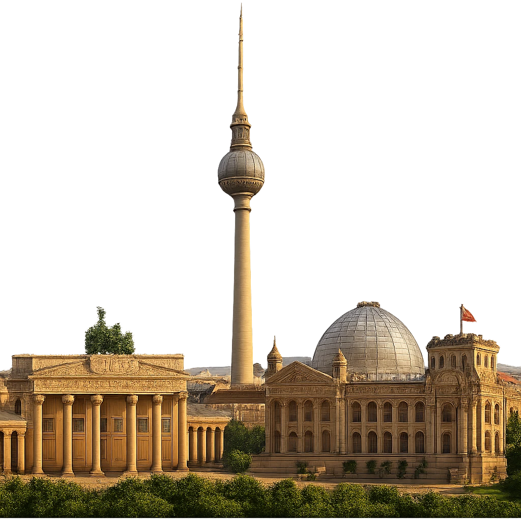 cinematic, realistic emoji of Berlin skyline featuring iconic landmarks such as the Brandenburg Gate, Berlin TV Tower, and Reichstag, lifelike detail, accurate colors, bright lighting, wide city view, no sky, fully transparent background emoji