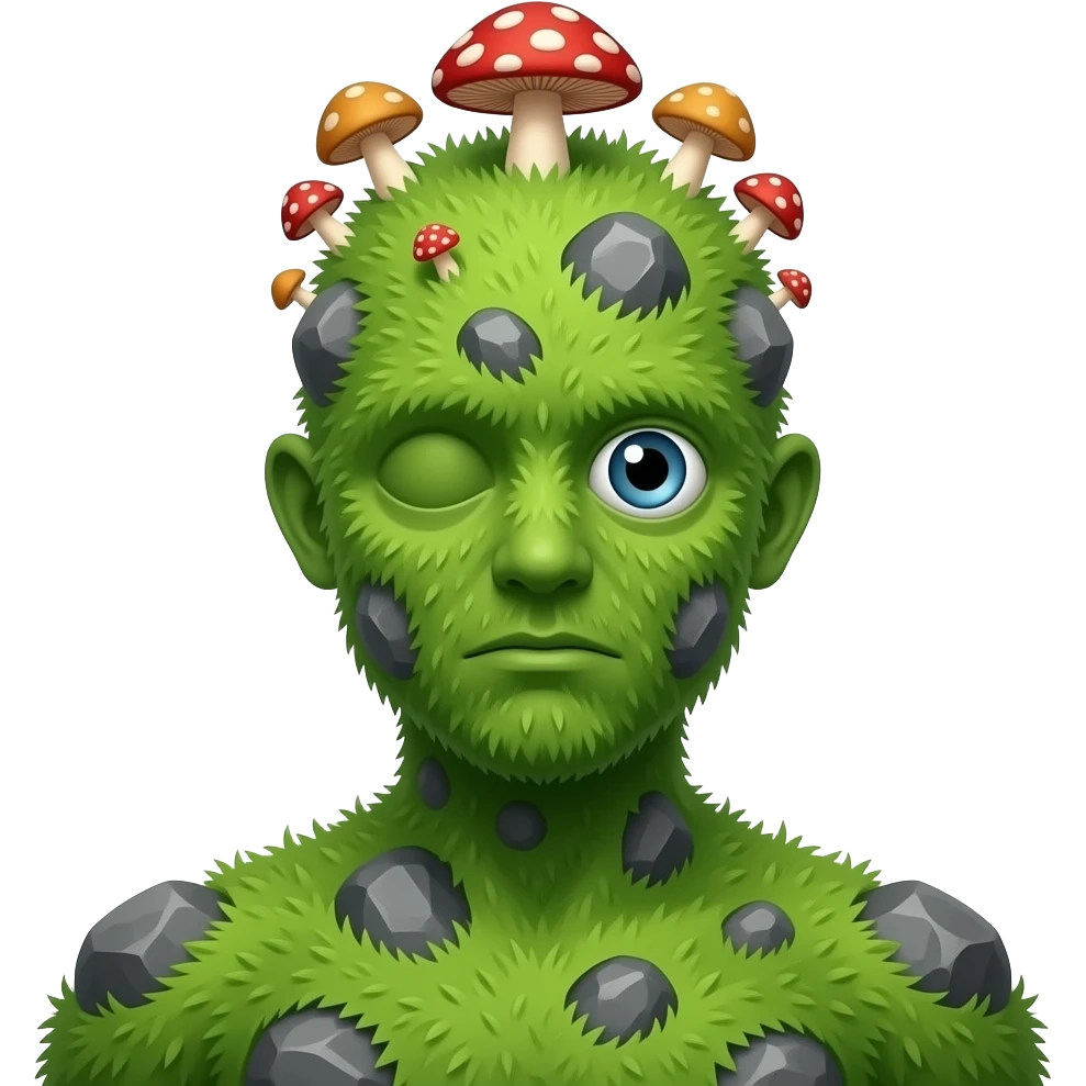 A humanoid thing with grass on it with rocks on it different mushroom growing on its head with no ears or mouth one single eye emoji