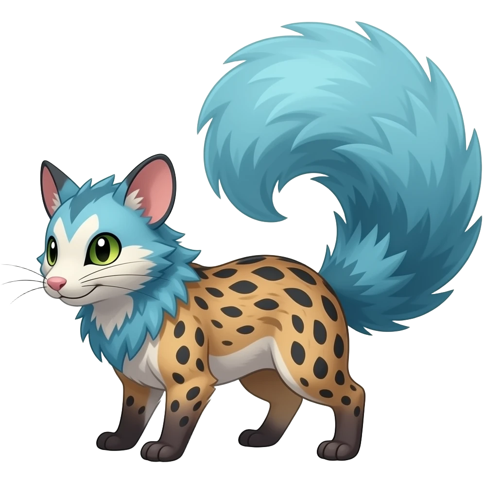 Cyan-blue, soft realistic romantic vintage antique divine beautiful elegant pretty precious cute young youthful Fakémon-Pokémon-opossum-feline-mouse-serval-caracal-chinchilla-Minccino-Cinccino-Meowstic-rodent-hybrid-creature with a big fluffy bushy tail (full body) emoji