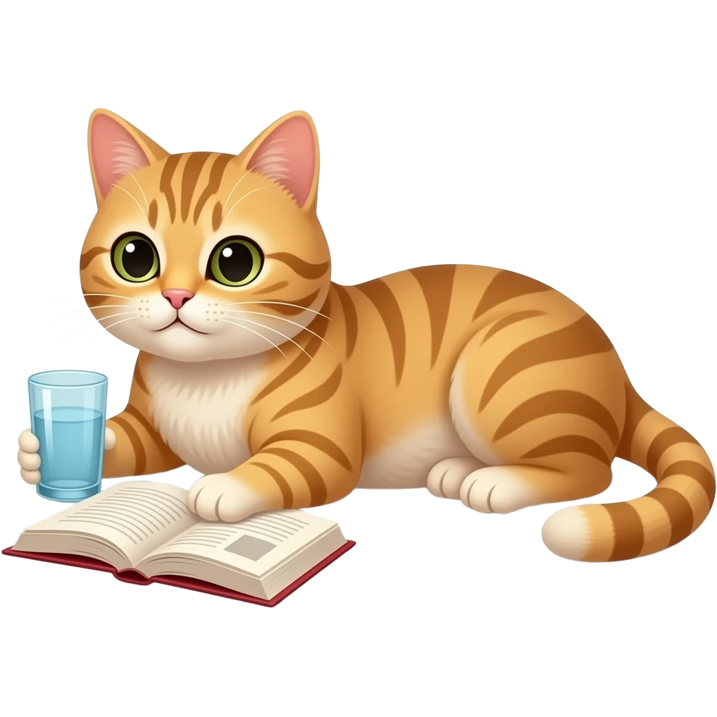 cat lying on floor with glass  andread book emoji