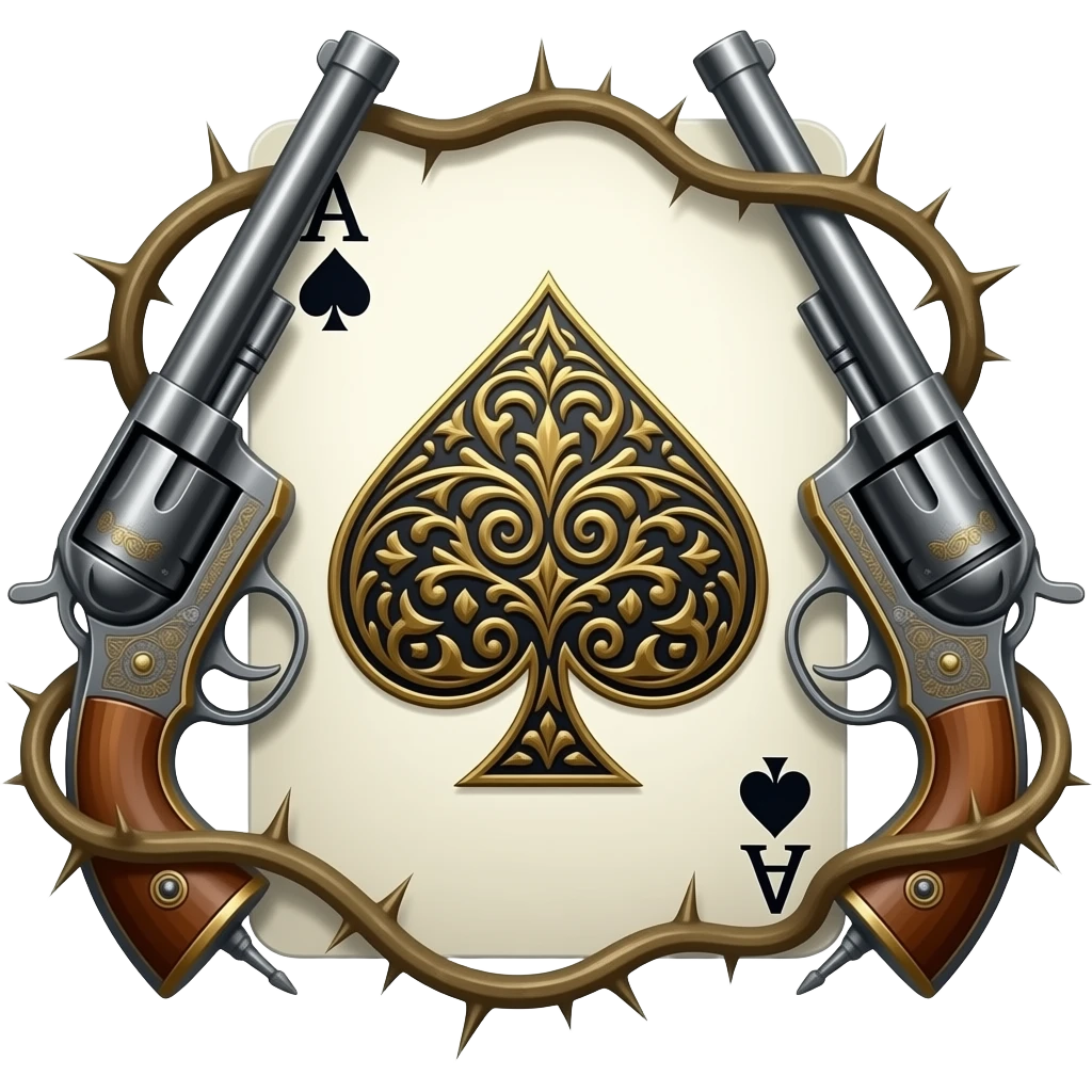 richly ornamented spade ace surrounded by tendrils of thorns and antique 1851 Navy Revolvers emoji