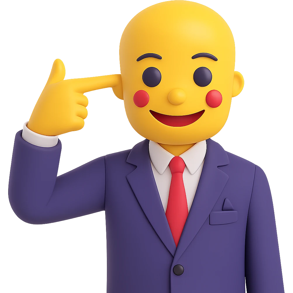 Adjust the image so the finger gun gesture is pointed directly at the temple, mimicking the classic 'blowing brains out' pose but not graphic or violent, with a smiley face. Keep the background transparent. emoji