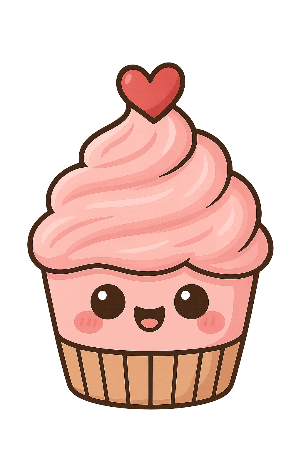 a cute pink cupcake with a heart, original design, big eyes, blushing cheeks, joyful emoji