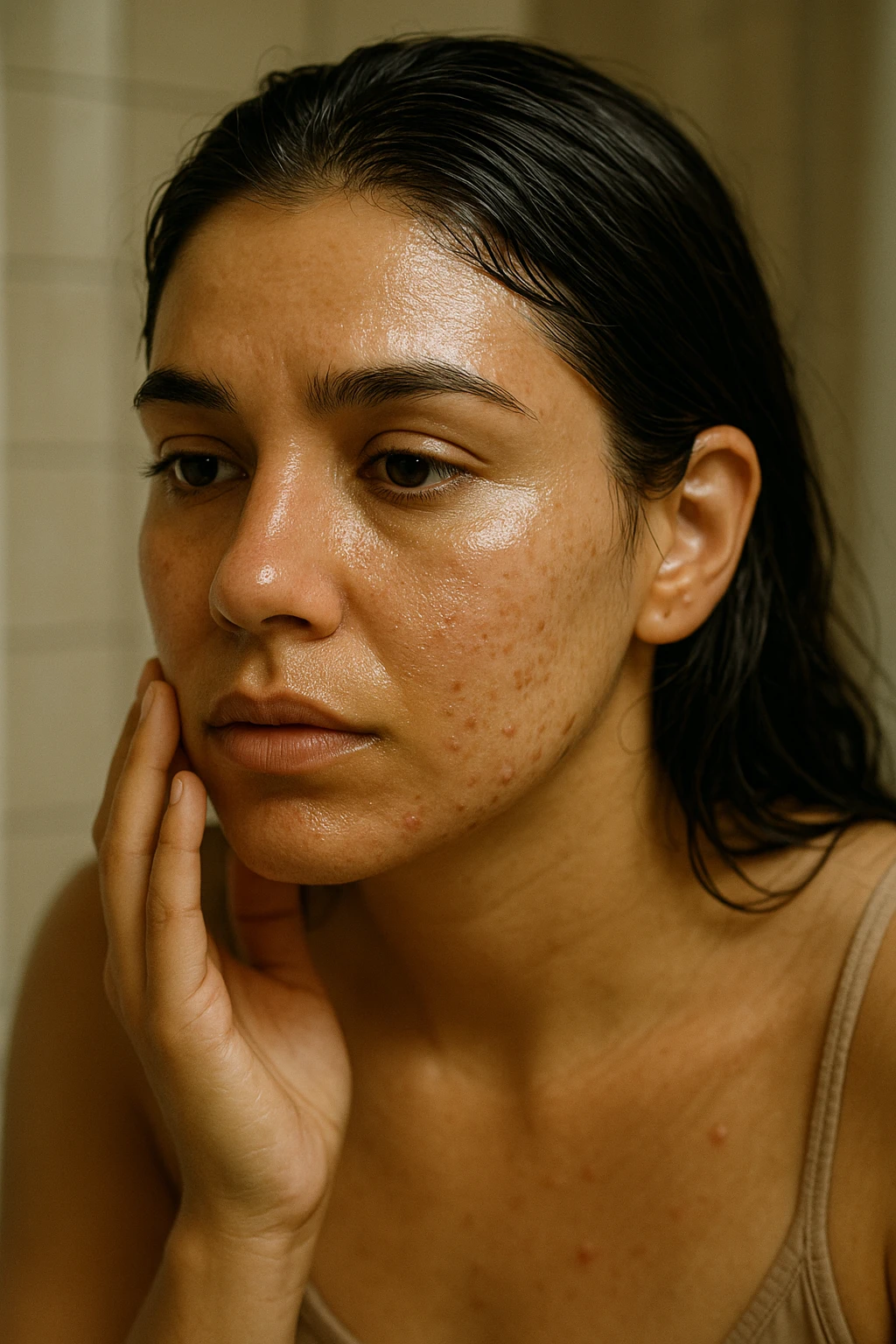 A highly realistic, cinematic close-up portrait of a young woman in her late 20s with medium skin tone, showing visible oily skin and enlarged pores on her cheeks, nose, and forehead. Her skin has a noticeable shiny appearance due to excessive sebum production, and small acne spots are visible along her jawline and chin, indicating hormonal imbalance. Her dark hair appears greasy, clumping in some areas near her scalp, emphasizing unwashed, oily hair due to overactive sebaceous glands caused by PCOS. The woman looks at herself in the mirror with a tired yet hopeful expression, gently touching her cheek with her fingertips as she observes her skin condition. The setting is a softly lit bathroom with natural daylight, and the reflection shows the detail of her skin texture and greasy hair strands. Style: 35mm hyperrealistic film, warm neutral tones with soft depth of field, focusing on the oily skin texture, visible pores, and greasy hair to clearly illustrate the visual symptoms of PCOS. in italiano emoji