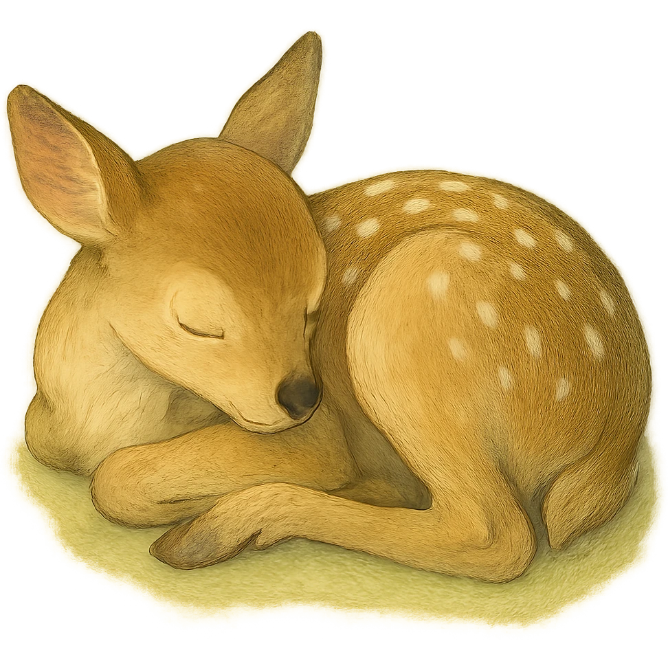 realistic baby fawn curled up sleeping, natural colors, soft, fairy-like atmosphere, no background, square size emoji