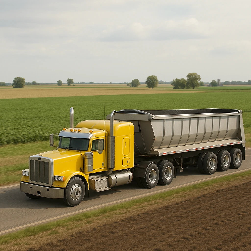 realistic yellow sleeper semi truck with a large end dump trailer driving through farmland emoji