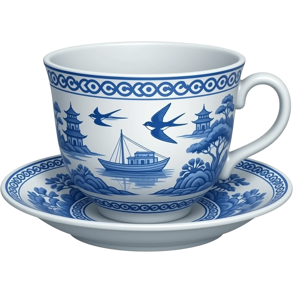 chinoiserie blue willow china pattern teacup and saucer with a boat, pagodas and two swallows emoji