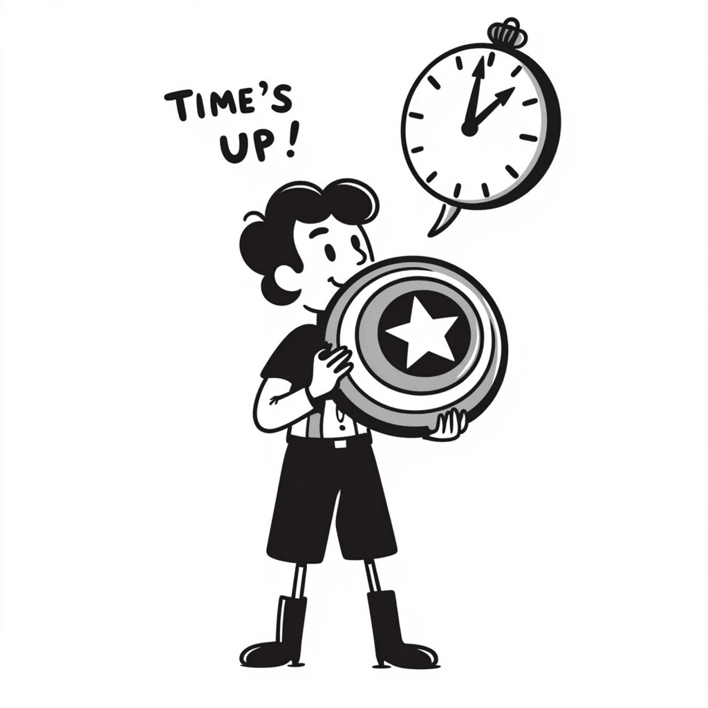 Captain America holding a clock, saying 'Time's Up!' in a hand-drawn doodle style emoji