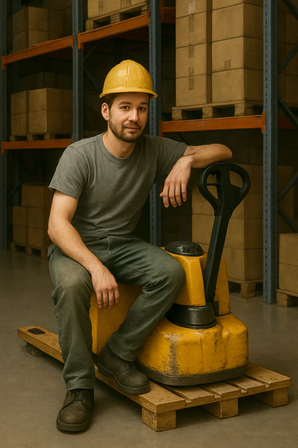 Make the pallet truck yellow, keep the same style and subject, realistic illustration style. emoji