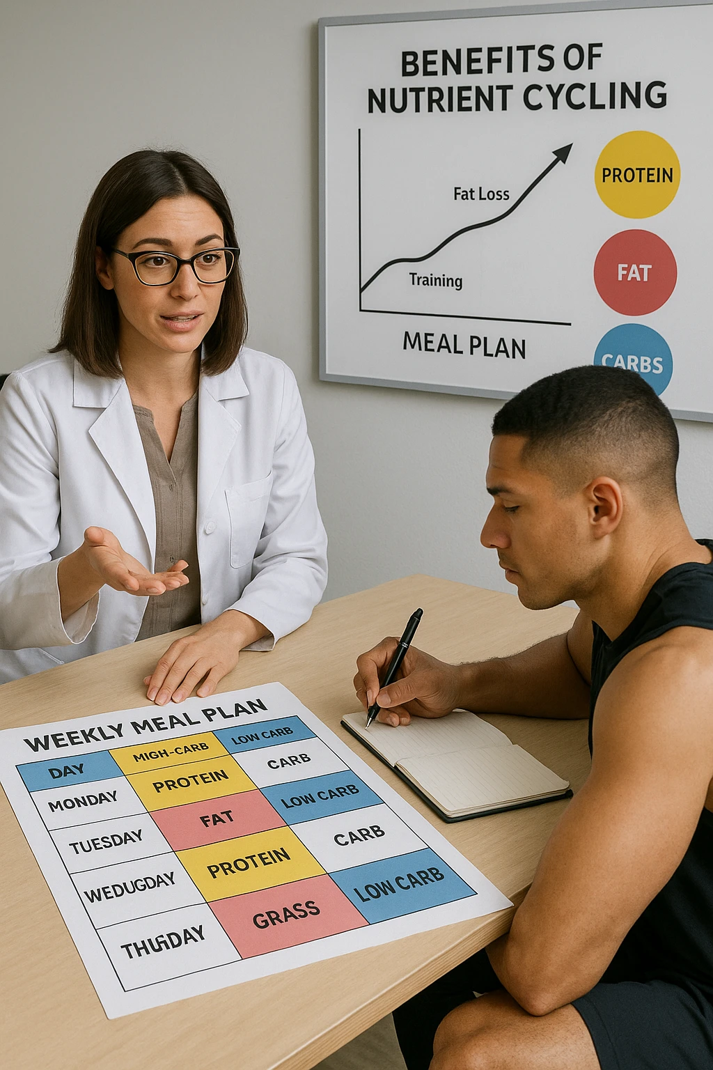 a nutritionist explains to an athlete how to cycle macronutrients for fat loss and training. On the desk, a weekly meal planner shows alternating high-carb and low-carb days, with color-coded sections for proteine, grassi, and carbo. The athlete takes notes, and a chart in the background illustrates the benefits of nutrient cycling. The mood is professional and educational. scritto in italiano emoji